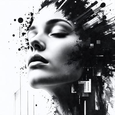 The primary subject of the image is a woman's face, which is the main focus of the image. The setting is a black and white background, giving the image a classic and timeless feel. The visual style is a combination of digital art and illustration, creating a unique and artistic representation of the woman's face. The colors and mood of the image are predominantly black and white, with a touch of gray, giving it a dramatic and sophisticated atmosphere.